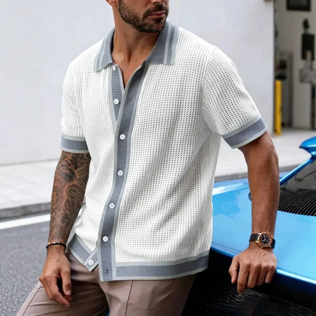 Men's Knitted Shirt With Lapel And Short