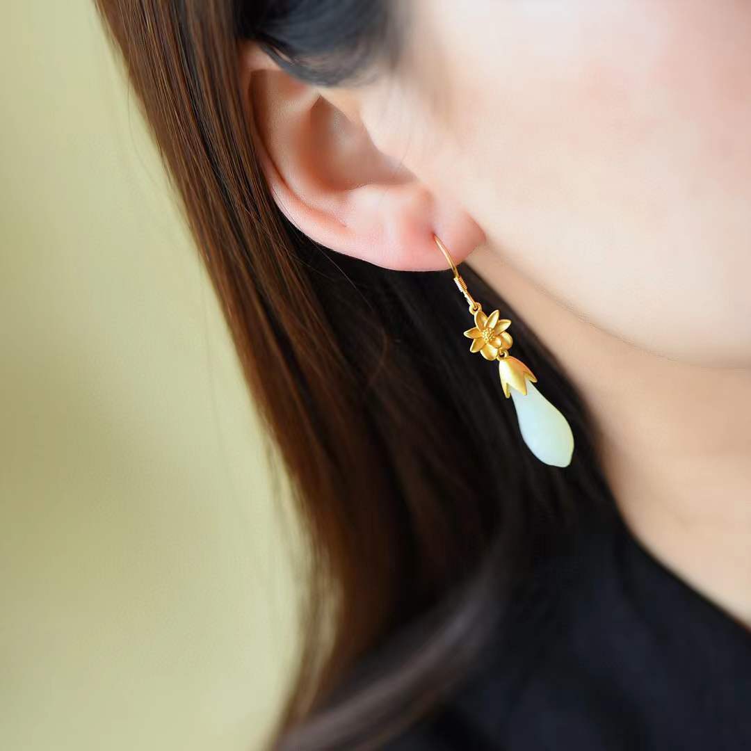 S925 Sterling Silver Style Magnolia Hetian White Jade Earrings Elegant Hanfu Earrings