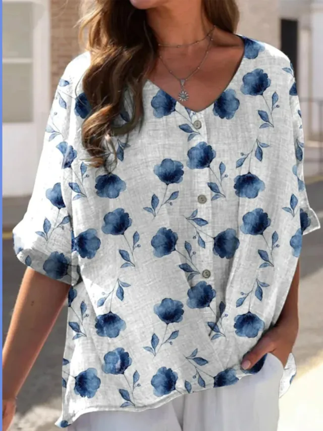 Printed V neck 5 Points Drop shoulder Sleeve Cotton And Linen Loose Casual Shirt Xiaolanhua L - Shop at LoveMi