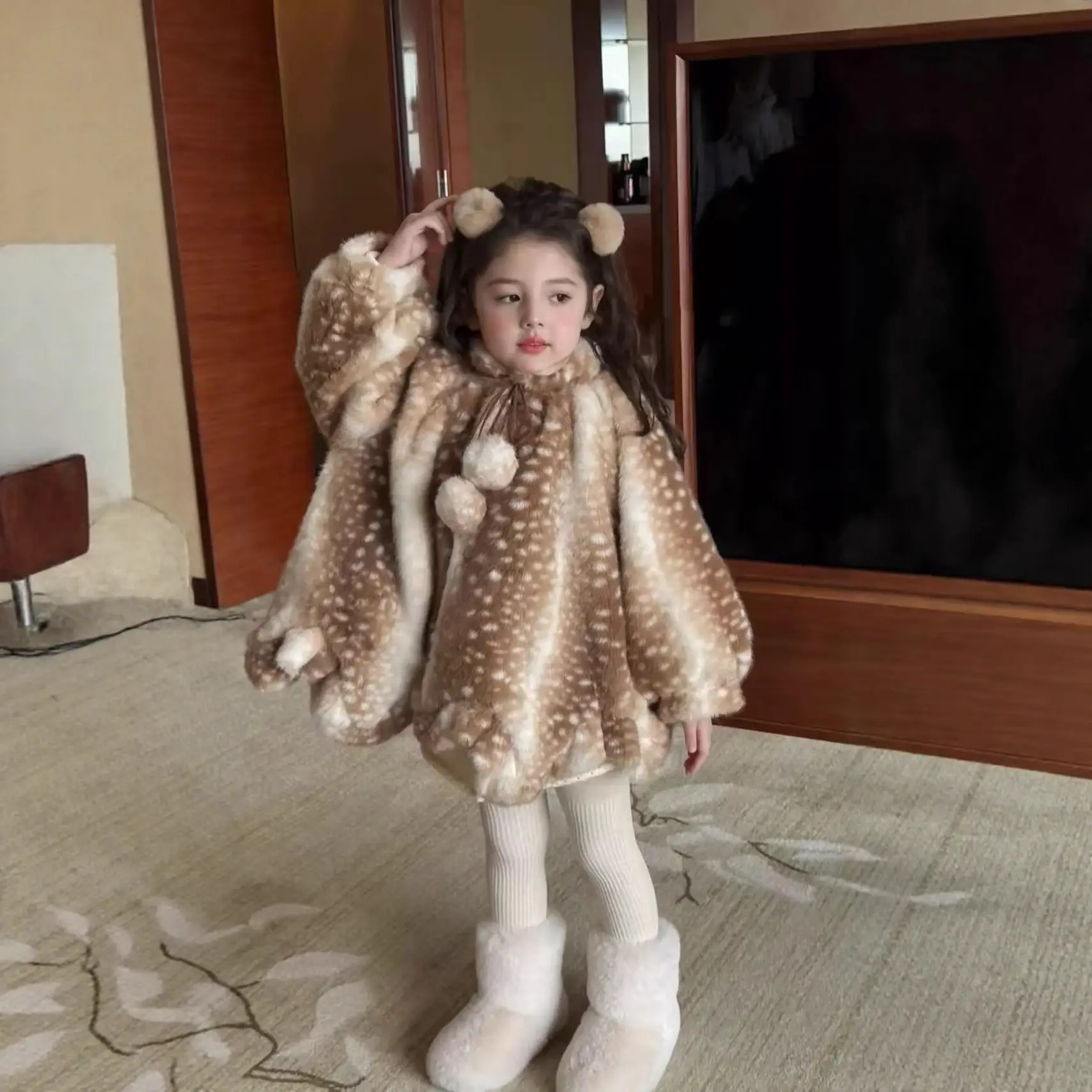 Girls Fawn Deer Ultra-Soft Long-Pile Quilted Warm Coat
