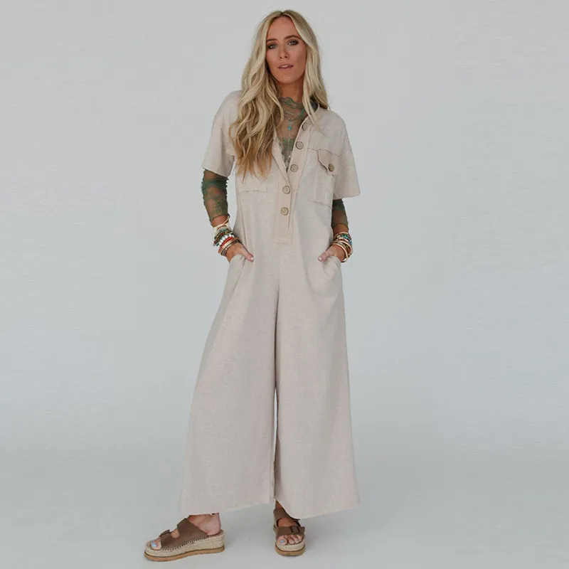 Summer New Color Matching Casual Loose High Waist Wide Leg Jumpsuit - Apricot