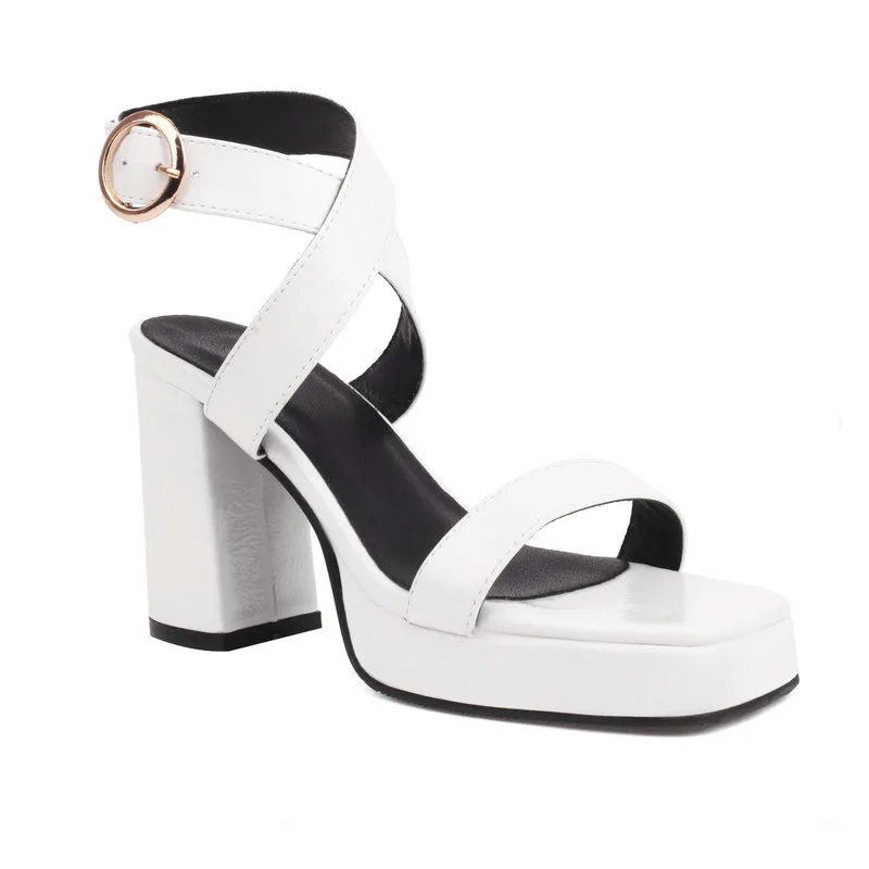 Square Toe Cross Buckle Strap Thick Bottom Chunky Heel Super High Heels - White