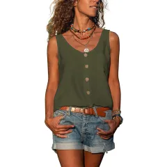 Summer Women's Solid Colour And V-neck Button Vest Shirt - Army Green - View 1