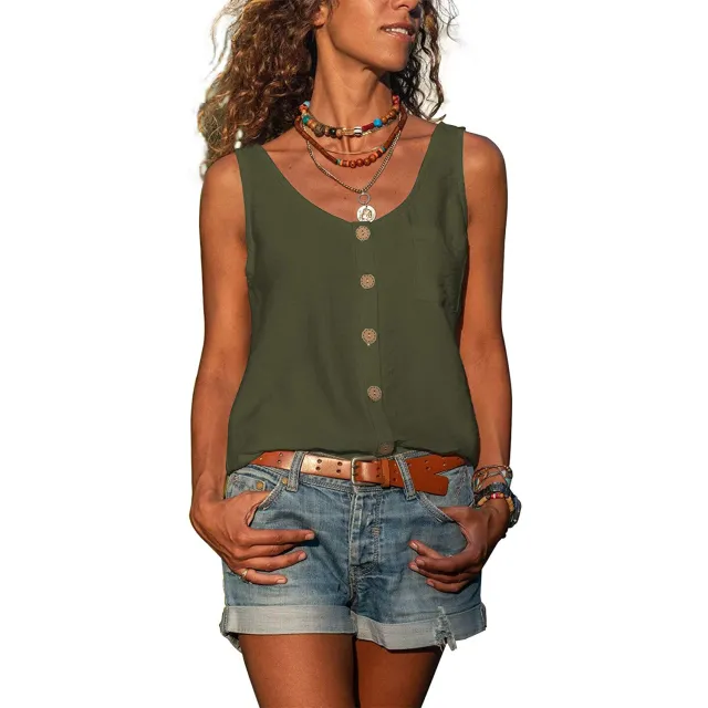 Summer Women's Solid Color And V neck Button Vest Shirt Green - Shop at LoveMi