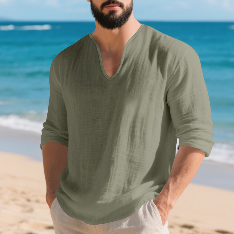 Mens Linen Casual Loose-fit V-neck Long-sleeve Shirt
