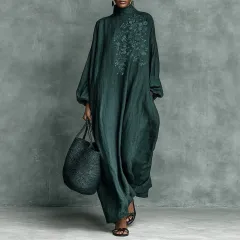Women's Retro Tea-Party Outfit Cotton-Linen Button-Front Cheongsam Dress - Peacock Green - View 1