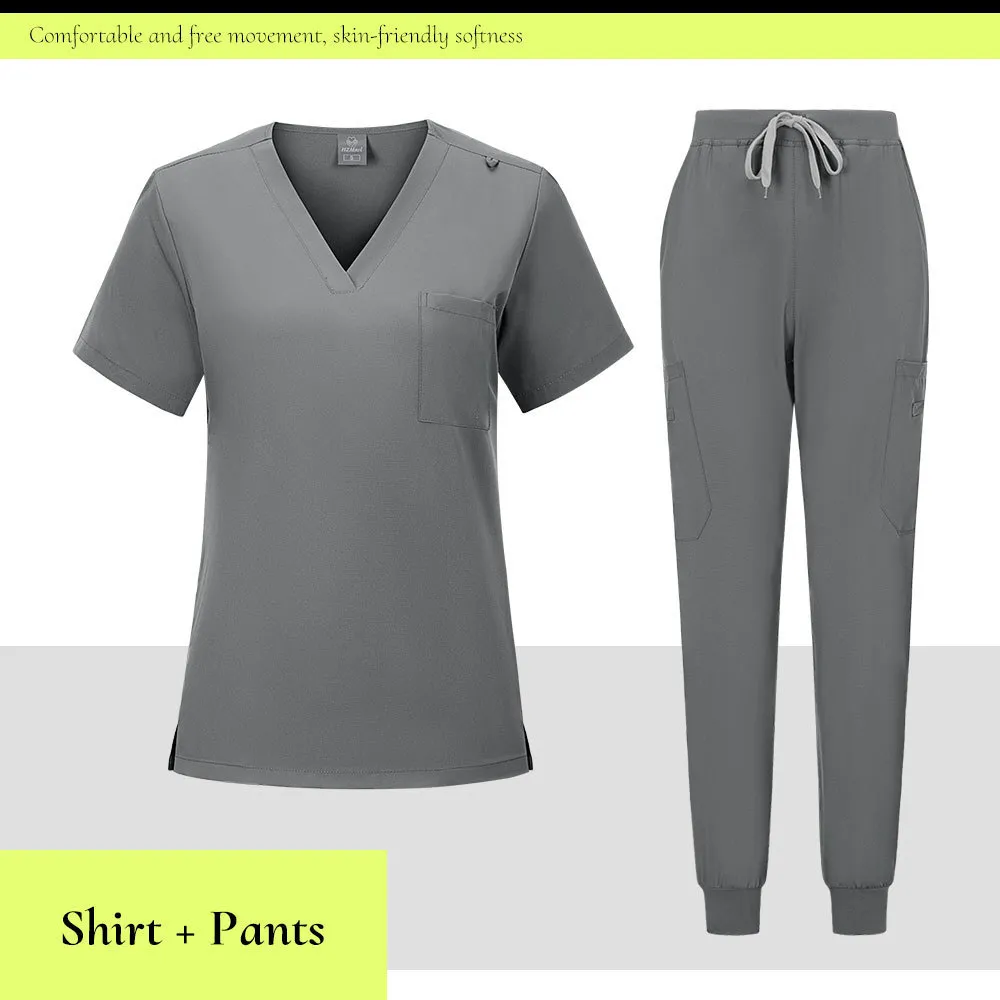 V-neck Medical Scrub Top And Pant Set - Grey