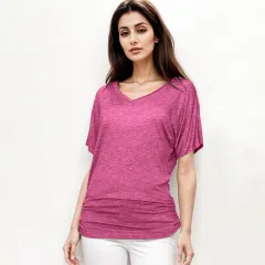 Fashionable Yarn V-neck Loose Pleated Top - Rose Red Qr27414 - View 1