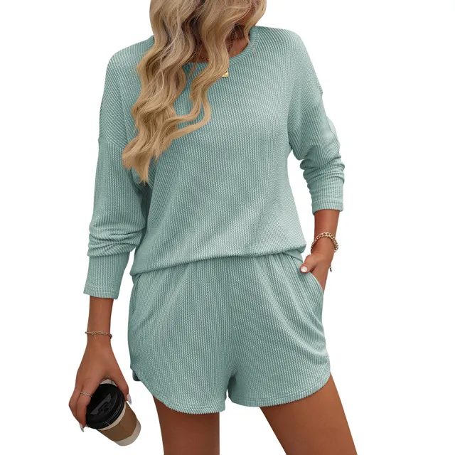 Women's Twist Strip Long Sleeve Shorts Striped Two piece Suit Light Green - Shop at LoveMi