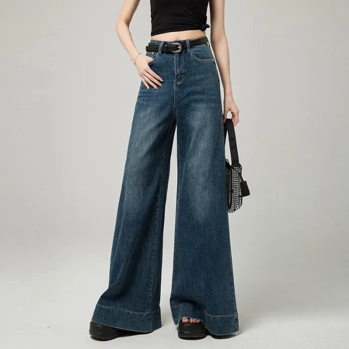 Dark Blue Narrow Version Korean Simple High Waist Loose Small Mop Wide Leg Pants - Retro Blue