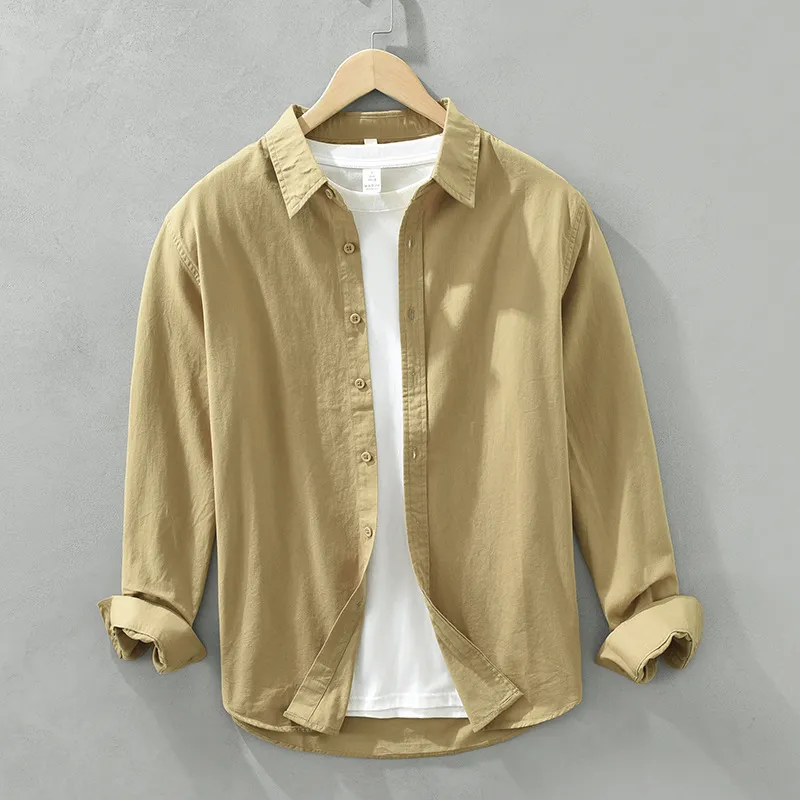 Solid Color Long Sleeve Basic Men's Retro Casual Shirt - Camel