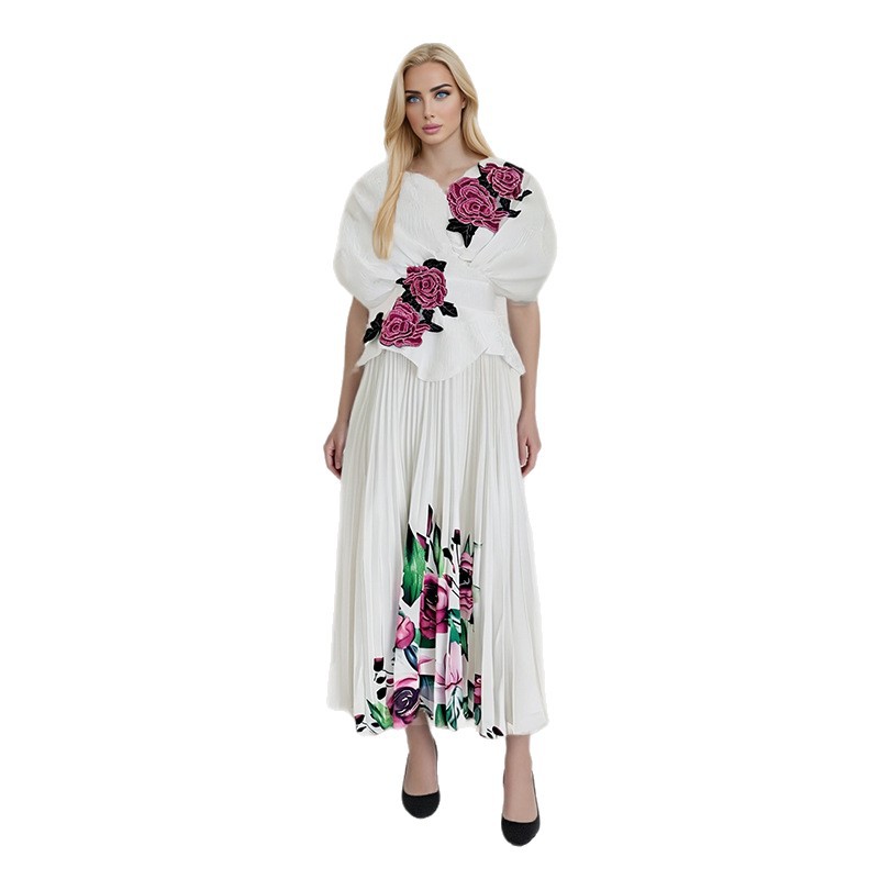 High-grade Printed Rose Flower Slim Fit Dress