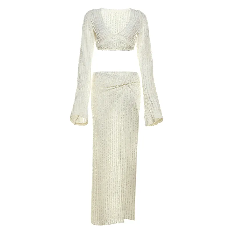 V-neck Long Sleeve Pleated Navel Dress - Apricot