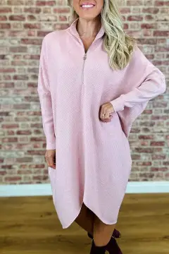 Women's Solid Colour Knitted Loose Dress - Pink - View 1