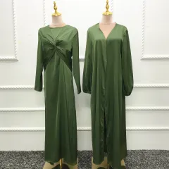 Turkey Dubai Fashion Solid Color Two-piece Set Dress Cardigan Suit - Army Green - View 1