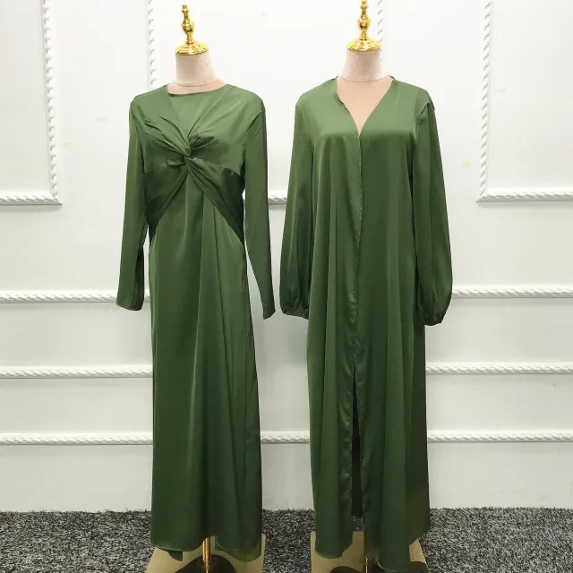 Turkey Dubai Fashion Solid Color Two piece Set Dress Cardigan Suit Army Green - Shop at LoveMi