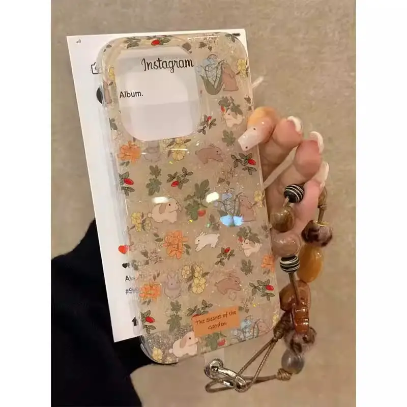 Korean Flower Rabbit Phone Case Rope Handle