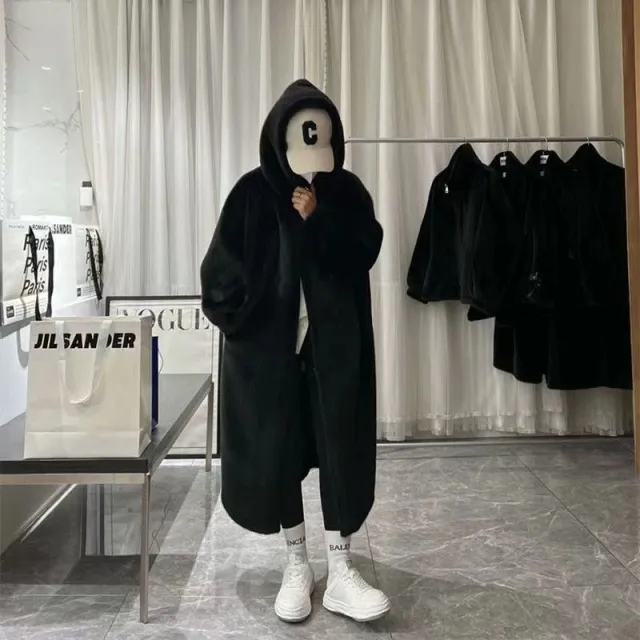 Leather Coat Overcoat Women's Long Thick Hooded Loose Young Mink like Wool Black - Shop at LoveMi