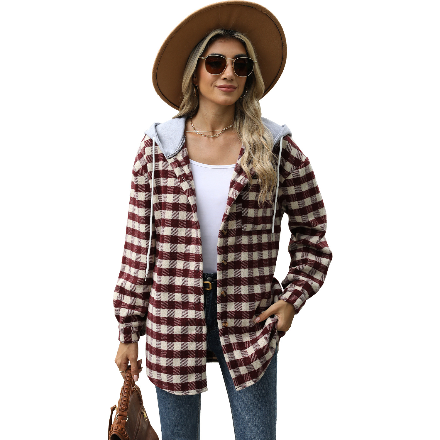 Women's Hooded Plaid Stitching Single breasted Jacket Wine Red - Shop at LoveMi