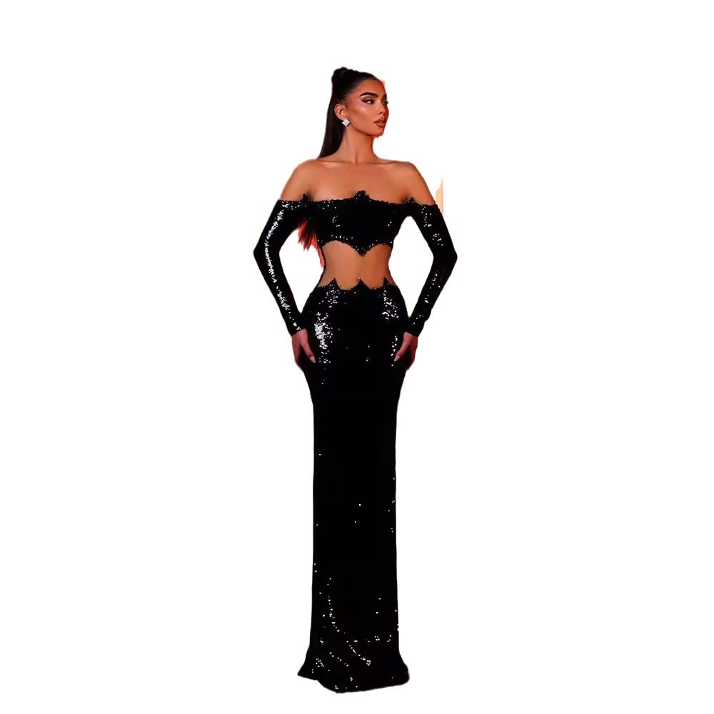 Sexy Off-shoulder Irregular Sequined Long Sleeve Waist-baring Dress