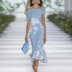 New Flower Elements Elegant Light Shoulder Short Women's Dress - Blue White Line - View 1