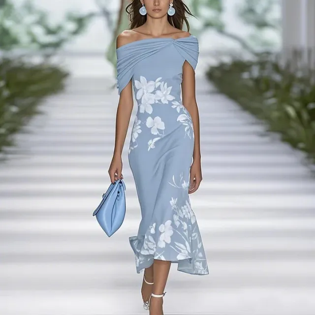 New Flower Elements Elegant Light Shoulder Short Women's Dress Blue White Line - Shop at LoveMi