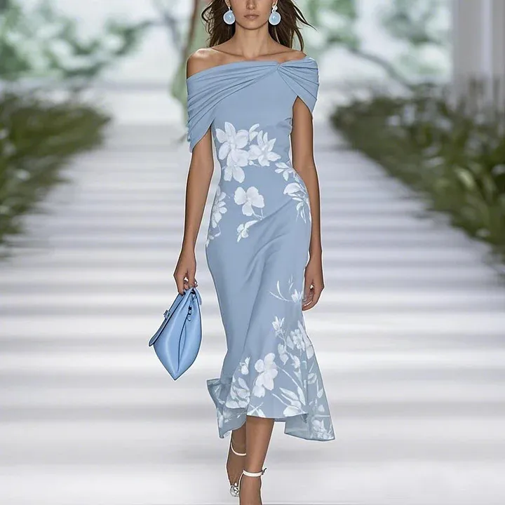 New Flower Elements Elegant Light Shoulder Short Women's Dress - Blue White Line