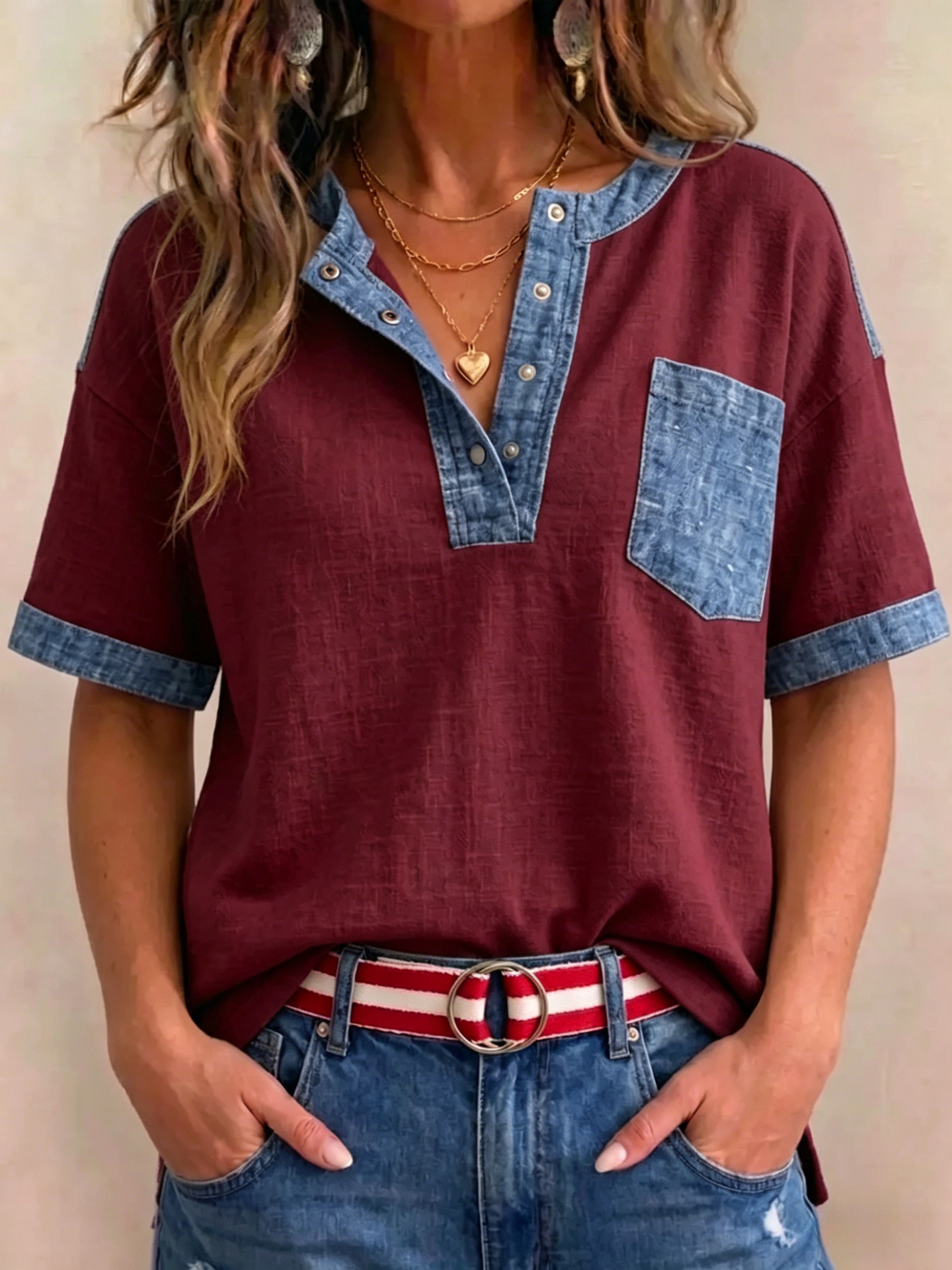 Women's Color-Block Top – detail shot of patchwork seam construction