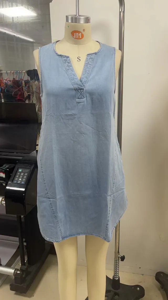 Denim Ladies' Sleeveless Casual French Style V neck Monkey Wash Dress Women Blue - Shop at LoveMi