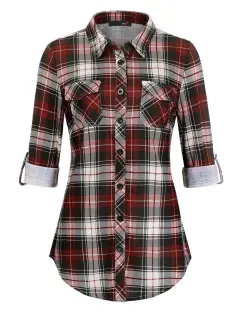 Plaid Pouch Button Cuff Comfort And Casual Printed Women's Shirt - Red - View 1
