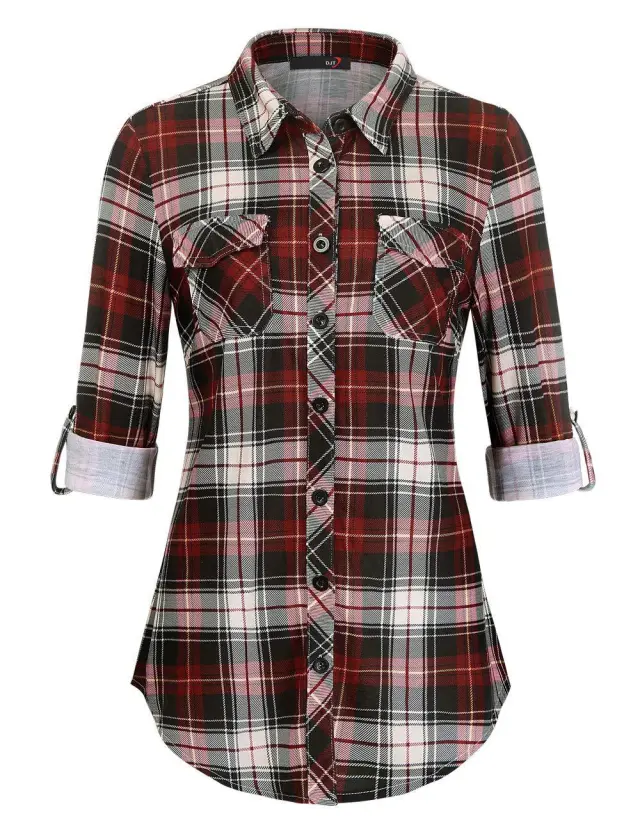 Plaid Pouch Button Cuff Comfort And Casual Printed Women's Shirt Red - Shop at LoveMi