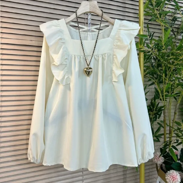 Ruffled Square Collar Beauty Back Sexy Design Women's Shirt White - Shop at LoveMi