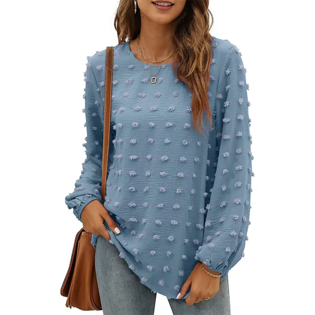 Loose Jacquard Long Sleeve Crew Neck T shirt Top Blue - Shop at LoveMi