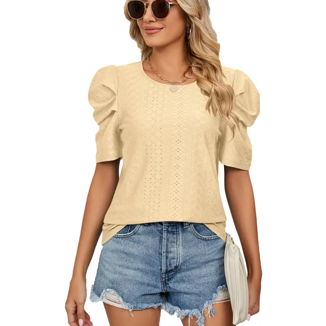 New Solid Color Round Neck Pleated Oversleeves Loose fitting T shirt Top Women Yellow - Shop at LoveMi