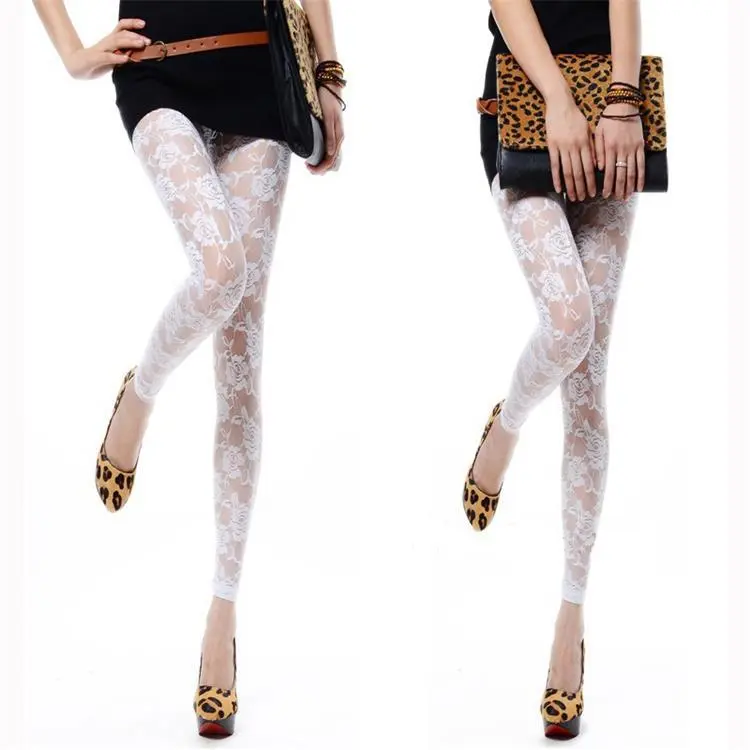 Sexy Tight Slim-fitting Ankle Length Trousers Solid Color Breathable Lace Rose Leggings - White
