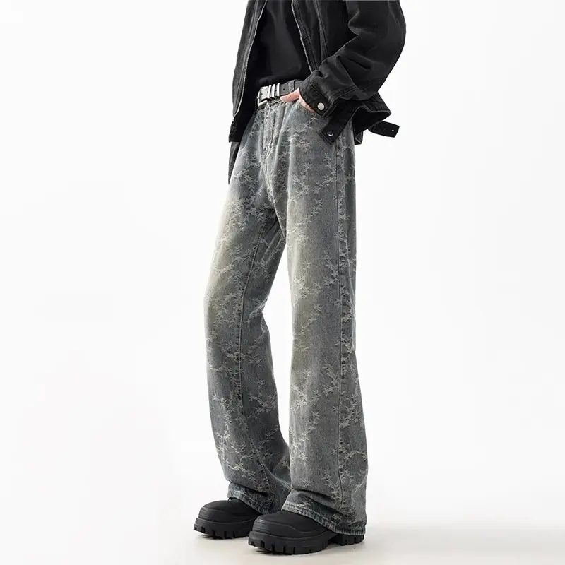 Men's Jacquard Denim Washed Straight-leg Cropped Flared