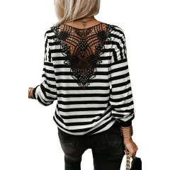 Striped Contrast Colour Pullover Knitwear Back Lace Top - Black - View 1