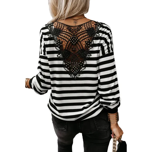 Striped Contrast Color Pullover Knitwear Back Lace Top Lc25129173 Black - Shop at LoveMi