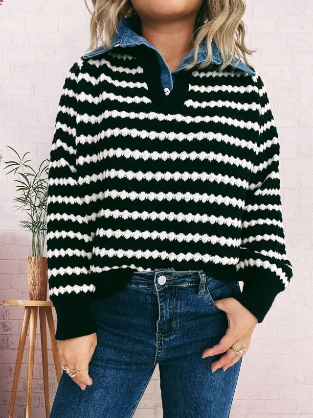 Women's Denim Patchwork Lapel Knitted Stripe Color Block Fake Two piece Sweater Black - Shop at LoveMi