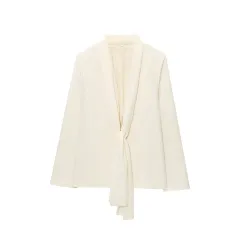 Women's Thin Scarf Turn-down Collar Coat High Waist Straight Pants - Coat - View 1