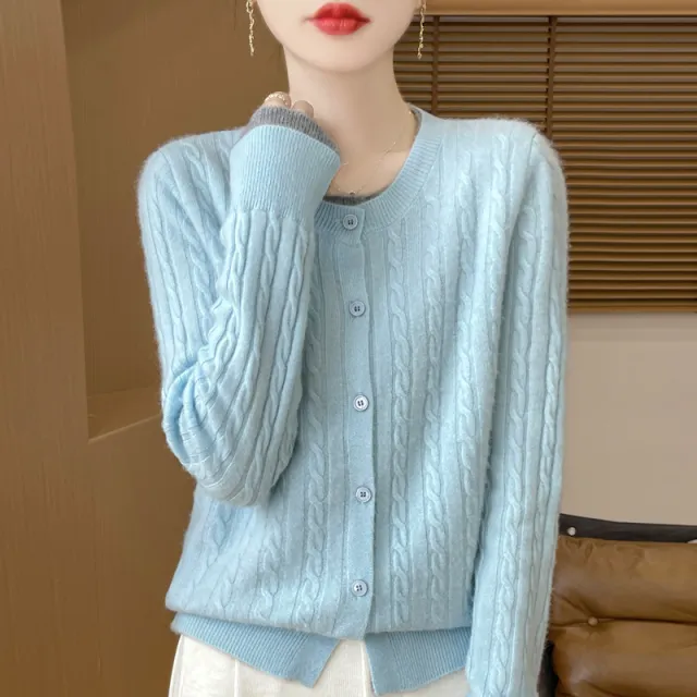 O neck Short Small Twist Knitted False Two Pieces Color Matching Cardigan Jacket Blue - Shop at LoveMi