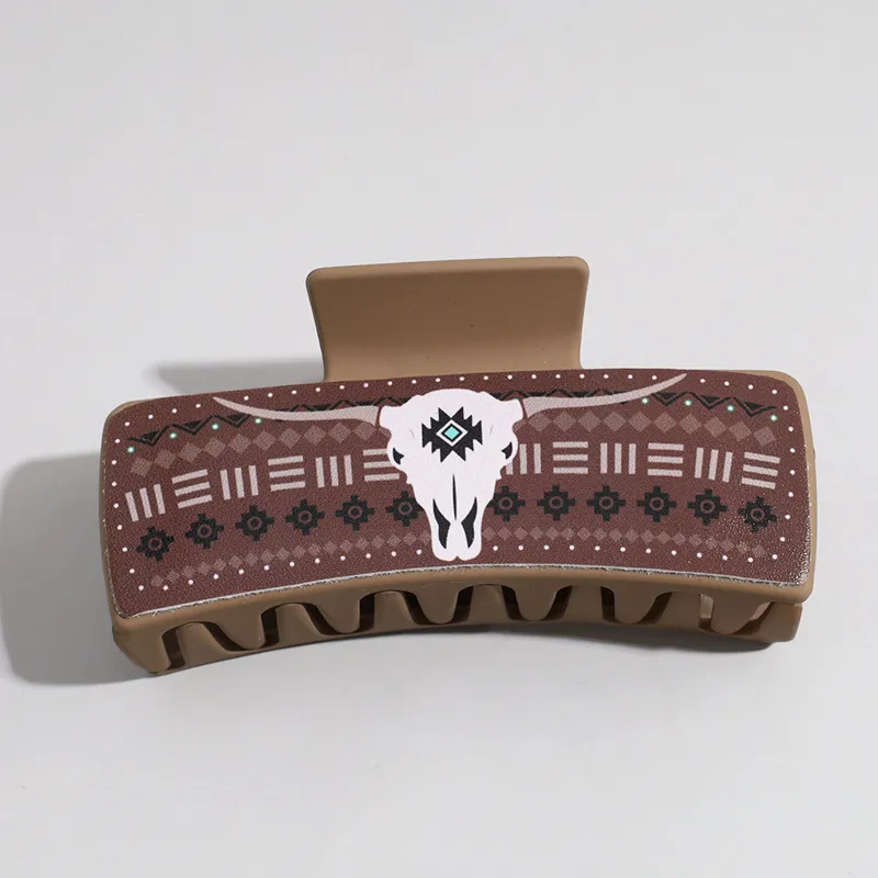 Western Denim Style Fashion Retro Printed Pu Barrettes - Brown Cow Head