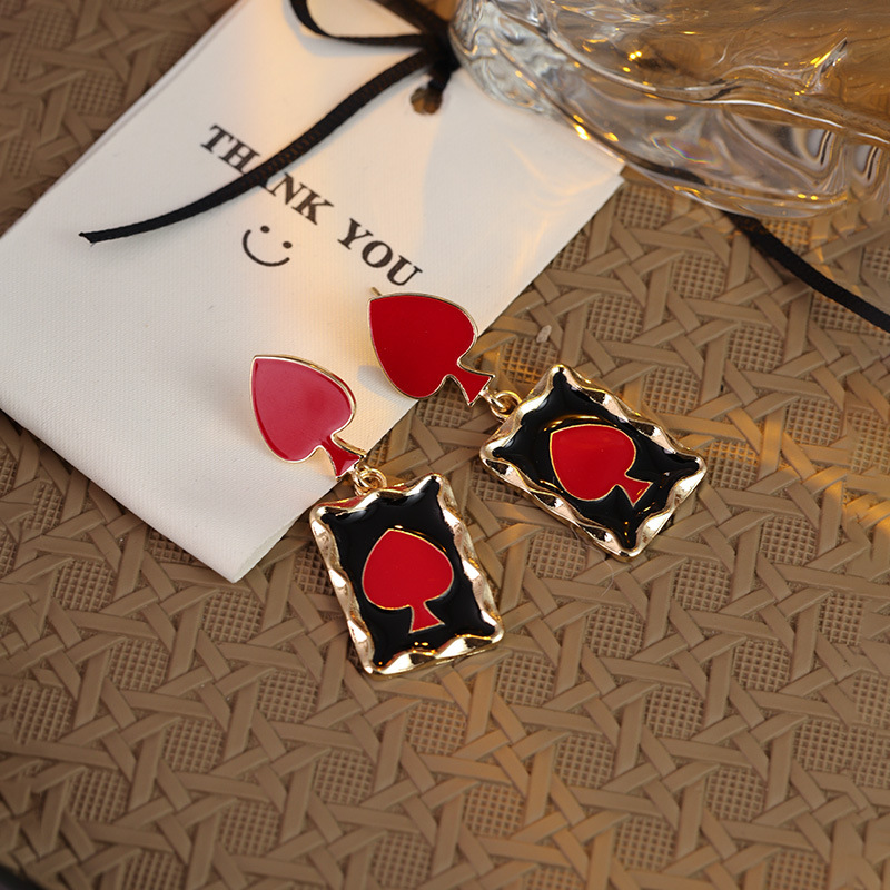 Creative Red Heart Playing Card Earrings Retro Red Peach Design