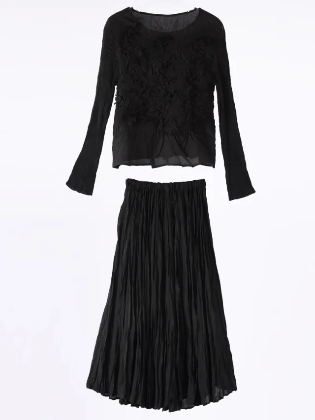 Solid Color Embroidered Long sleeved Top Handmade Pleated Two piece Overskirt Suit Black - Shop at LoveMi