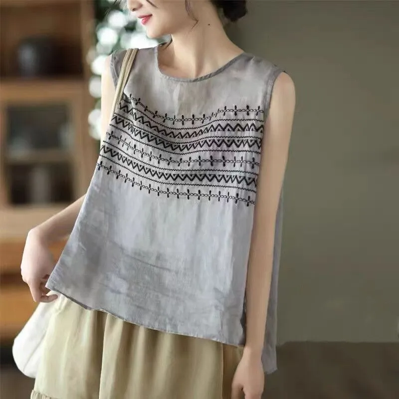 Embroidered Cotton And Linen Top Loose Sleeveless T-shirt Vest - Red