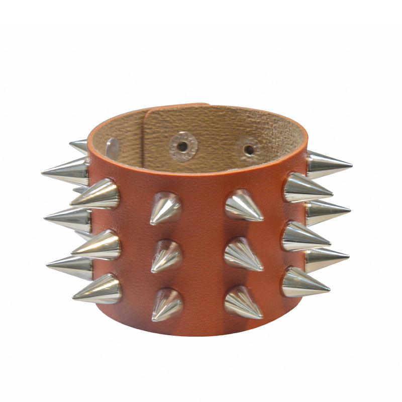 Pu Bracelet Three-row Tapered Pointed Rivet Dark Leather Bracelet