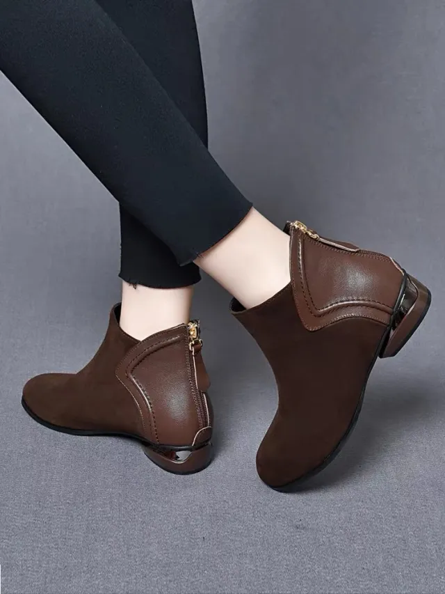 Soft Leather And Velvet Frosted Round Toe Low Heel Ankle Boots Brown - Shop at LoveMi
