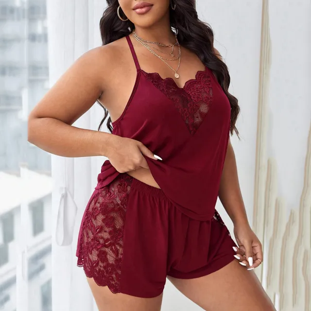 Household Women's Sling Stitching Solid Color Casual Pajamas Suit Red - Shop at LoveMi