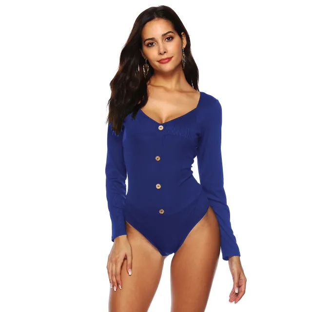 Women's Long sleeved Deep U Backless Button Jumpsuit Bottoming Shirt Blue - Shop at LoveMi