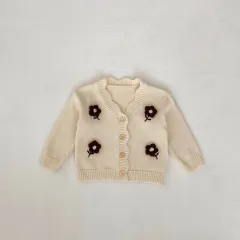Baby Embroidered V-neck Knitted Cardigan Long-sleeved Sweater - Apricot White - View 1